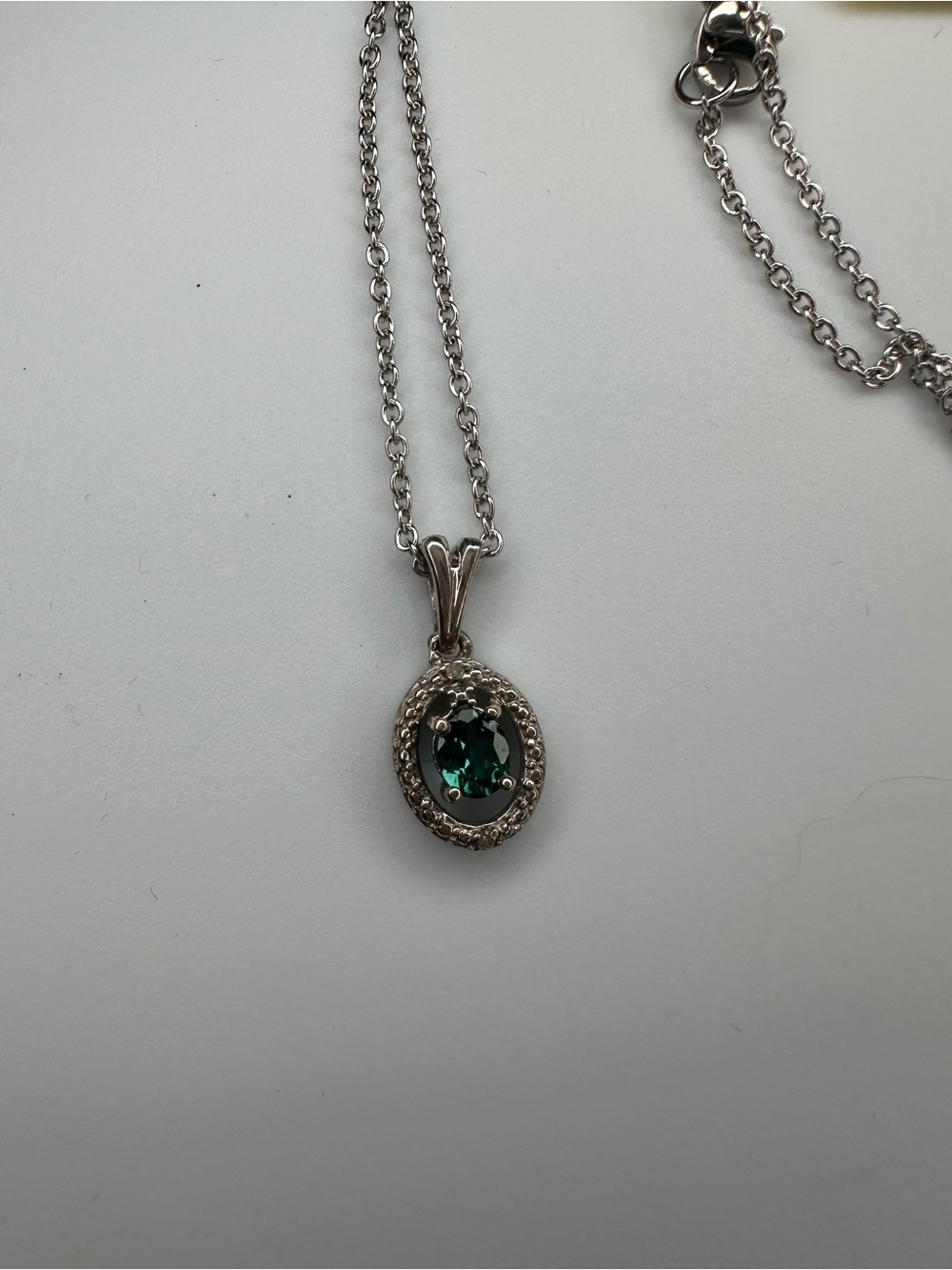 Sterling Silver Necklace with Emerald Green Oval Pendant